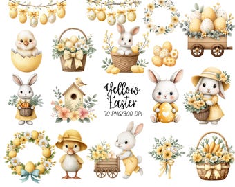 Yellow Easter Watercolor Clipart Illustrations – Soft Spring Bunnies, Yellow Eggs, Floral Elements, Cottagecore Easter PNG (Commercial Use)