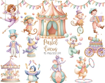 Pastel Circus Clipart, Watercolor, Carnival Clipart, Circus PNG, Cute Clipart, Sublimination, Commercial License