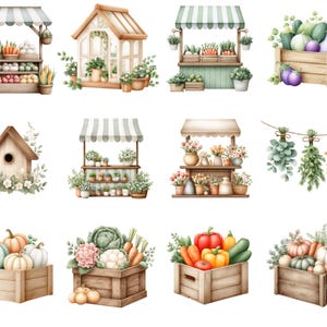 May include: Watercolor illustrations of a farmer's market, a greenhouse, and wooden crates filled with produce. The image includes a birdhouse, hanging herbs, and flower stands. The color palette is soft, with greens, browns, and pastels.