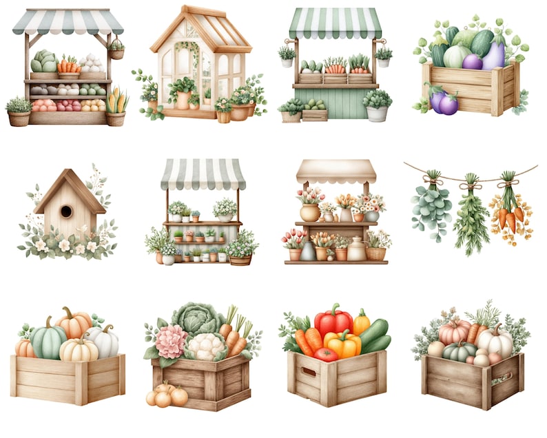May include: Watercolor illustrations of a farmer's market, a greenhouse, and wooden crates filled with produce. The image includes a birdhouse, hanging herbs, and flower stands. The color palette is soft, with greens, browns, and pastels.