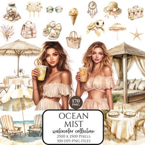 Paquete de imágenes prediseñadas de niebla oceánica en acuarela, estética playera neutra, PNG de moda de verano, vacaciones en la costa, descarga digital, uso comercial
