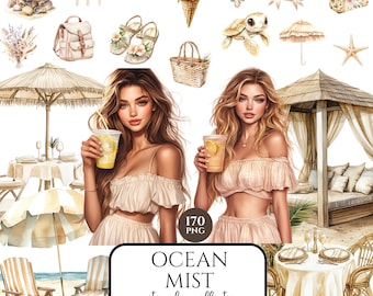 Watercolor Ocean Mist Clipart Bundle, Neutral Beach Aesthetic, Summer Fashion PNG, Coastal Vacation, Digital Download, Commercial Use