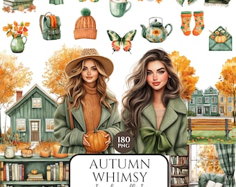Watercolor Fall Clipart Bundle, Cozy Autumn PNG, Pumpkin & Fall Leaves Clipart, Rustic Autumn Aesthetic, Commercial Use