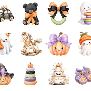 May include: A collection of twelve Halloween-themed illustrations featuring a black car with a spiderweb, a black teddy bear with an orange bow, a wreath with a bow, a ghost holding colorful rings, a ghost with a teddy bear, a rocking horse, a pumpkin with a purple bow, a ghost with a pumpkin hat, a pumpkin wearing a witch hat, a stacking ring toy, a tiered cake, and purple baby booties.