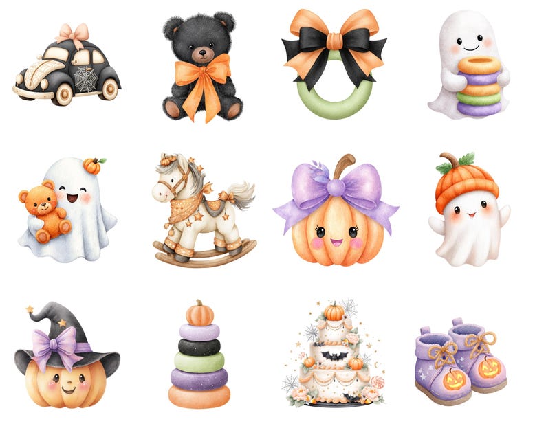 May include: A collection of twelve Halloween-themed illustrations featuring a black car with a spiderweb, a black teddy bear with an orange bow, a wreath with a bow, a ghost holding colorful rings, a ghost with a teddy bear, a rocking horse, a pumpkin with a purple bow, a ghost with a pumpkin hat, a pumpkin wearing a witch hat, a stacking ring toy, a tiered cake, and purple baby booties.