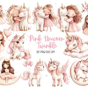 Niedliches Einhorn und Prinzessin Clipart, rosa und goldener Ballon PNG, Pastell Geburtstag mit Blumen, magisches Fantasy-Baby-Einhorn-Bundle, kommerzielle Nutzung