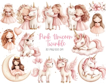 May include: A set of 80 digital illustrations featuring pink unicorns and girls with pink hair and dresses. The illustrations are in a whimsical style and are perfect for creating invitations, cards, and other craft projects. The text "Pink Unicorn Twinkle" and "80 PNG/300 DPI" is included in the image.