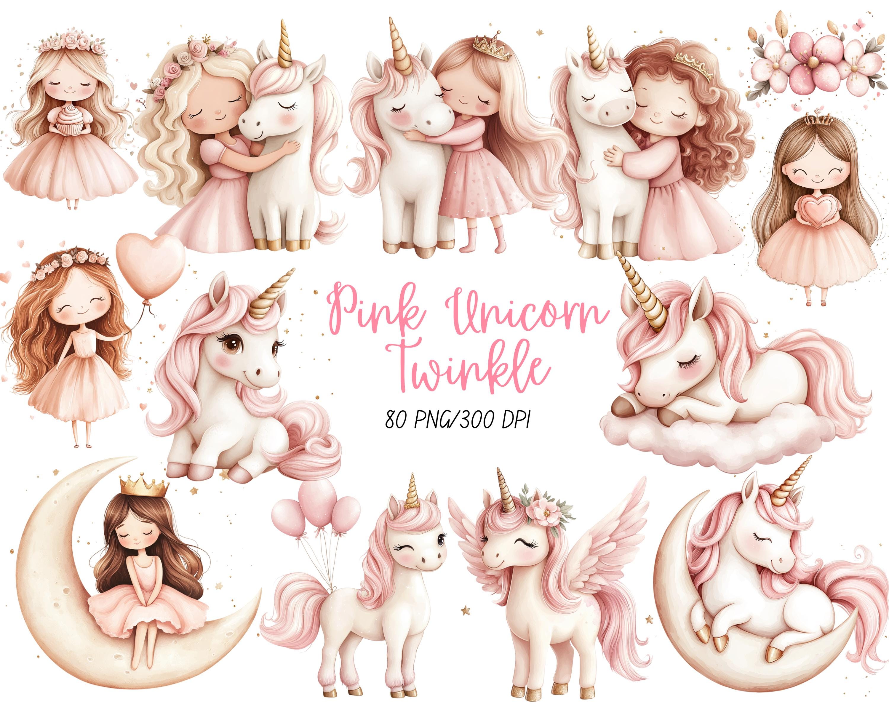 Cute Unicorn and Princess Clipart, Pink and Gold Balloon PNG, Pastel ...