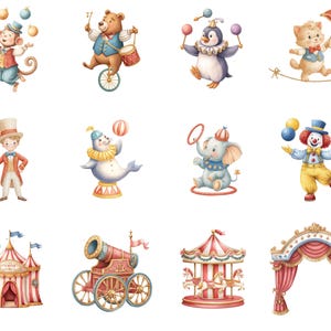 May include: A collection of whimsical circus-themed illustrations. The images feature a monkey juggling, a bear on a unicycle, a penguin with juggling pins, and a cat with an umbrella on a tightrope. Other images include a ringmaster, a seal balancing a ball, an elephant with a hoop, and a clown juggling.
