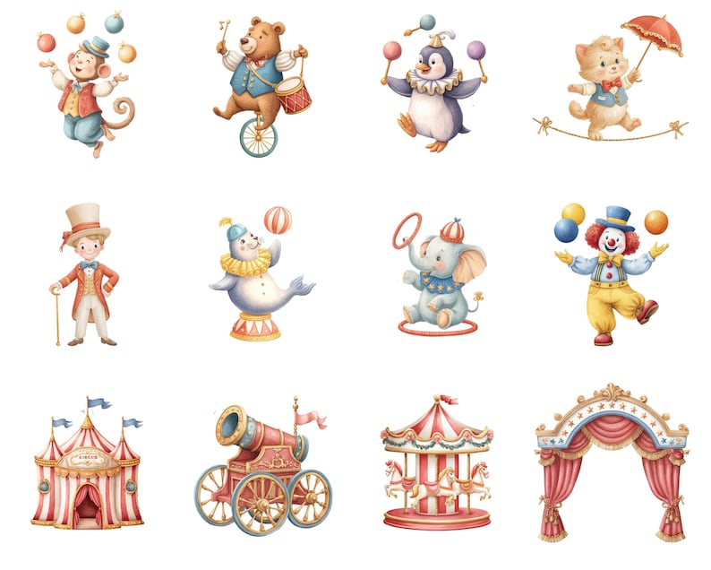 May include: A collection of whimsical circus-themed illustrations. The images feature a monkey juggling, a bear on a unicycle, a penguin with juggling pins, and a cat with an umbrella on a tightrope. Other images include a ringmaster, a seal balancing a ball, an elephant with a hoop, and a clown juggling.