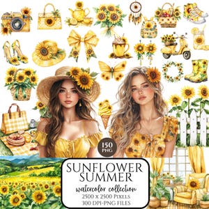 Aquarelle tournesol été Clipart, Cottagecore Floral jaune PNG, journal indésirable et autocollants de scrapbooking, ambiance estivale esthétique