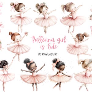 Bambina ballerina, Clipart di balletto, Ballerina acquerello, Clipart rosa, Clipart stampabile, Ballerina di danza classica, Download digitale, Diario spazzatura