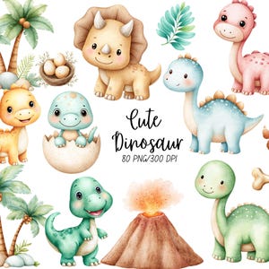Puede incluir: Ilustración en acuarela con una colección de lindos dinosaurios en varios colores, incluyendo amarillo, azul, rosa y verde. La imagen incluye palmeras, un volcán y el texto "Cute Dinosaur".