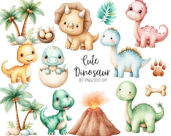Cute Watercolor Dinosaur Clipart for Nursery Decor, Baby Shower and Birthday Party PNGs, T-Rex Dino Egg Graphic Illustrations for Kids