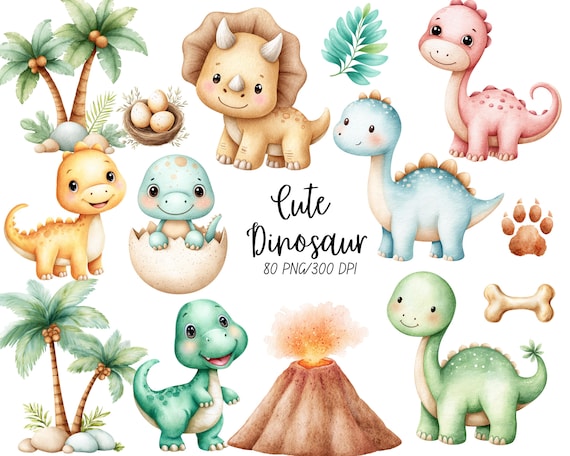 Cute Watercolor Dinosaur Clipart for Nursery Decor, Baby Shower and Birthday Party PNGs, T-Rex Dino Egg Graphic Illustrations for Kids