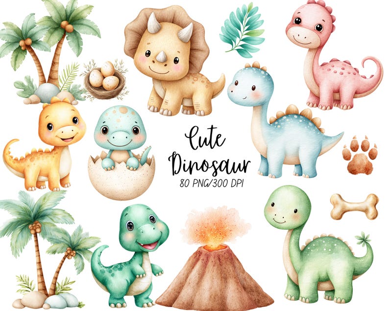 May include: Watercolor illustration featuring a collection of cute dinosaurs in various colors, including yellow, blue, pink, and green. The image includes palm trees, a volcano, and the text "Cute Dinosaur".
