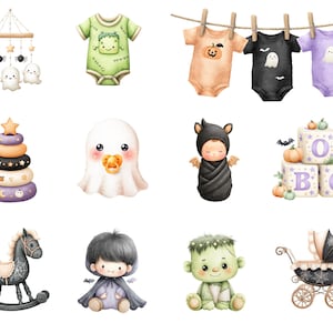 May include: A collection of watercolor illustrations featuring Halloween-themed baby items including a mobile with ghosts, onesies on a clothesline, a stacking ring toy, a ghost with a pacifier, a swaddled bat, blocks spelling BOO, a rocking horse, and a carriage.