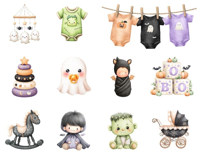May include: A collection of watercolor illustrations featuring Halloween-themed baby items including a mobile with ghosts, onesies on a clothesline, a stacking ring toy, a ghost with a pacifier, a swaddled bat, blocks spelling BOO, a rocking horse, and a carriage.