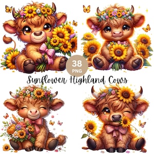 38 PNG Watercolor Sunflower Highland Cows Collection Clipart, Spring Flowers Clipart, Baby Animal, Baby Cow Clipart Bundle, Commercial Use
