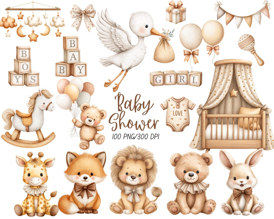 Watercolor Baby Shower Clipart Png, Neutral Baby Shower Clipart, Boho ...