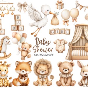 May include: A collection of watercolor illustrations for a baby shower, featuring a stork, teddy bears, a crib, balloons, and wooden blocks spelling "BOY" and "GIRL". The image includes the text "Baby Shower".