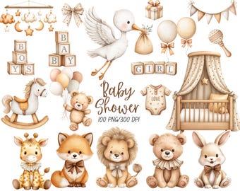 Clipart de baby shower en acuarela, clipart de baby shower neutro, baby shower bohemio, ilustraciones de animales de peluche para guardería, descarga digital