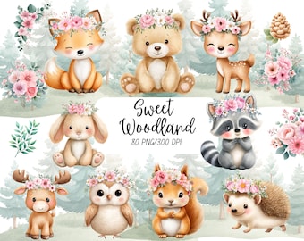 Woodland Baby Animals Clipart Bundle, Watercolor Forest Animal PNG, Cute Nursery Art, Baby Shower Clip Art Set, Digital Download