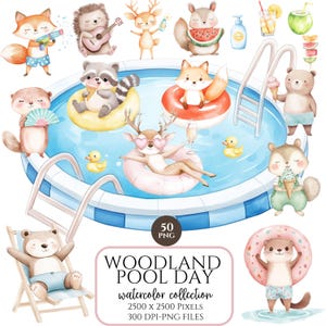 Cute Pool Party Watercolor Clipart, Summer Kids Birthday, Pool Float Clipart, Beach Ball, Flip Flops, Party Clipart, Commercial Use