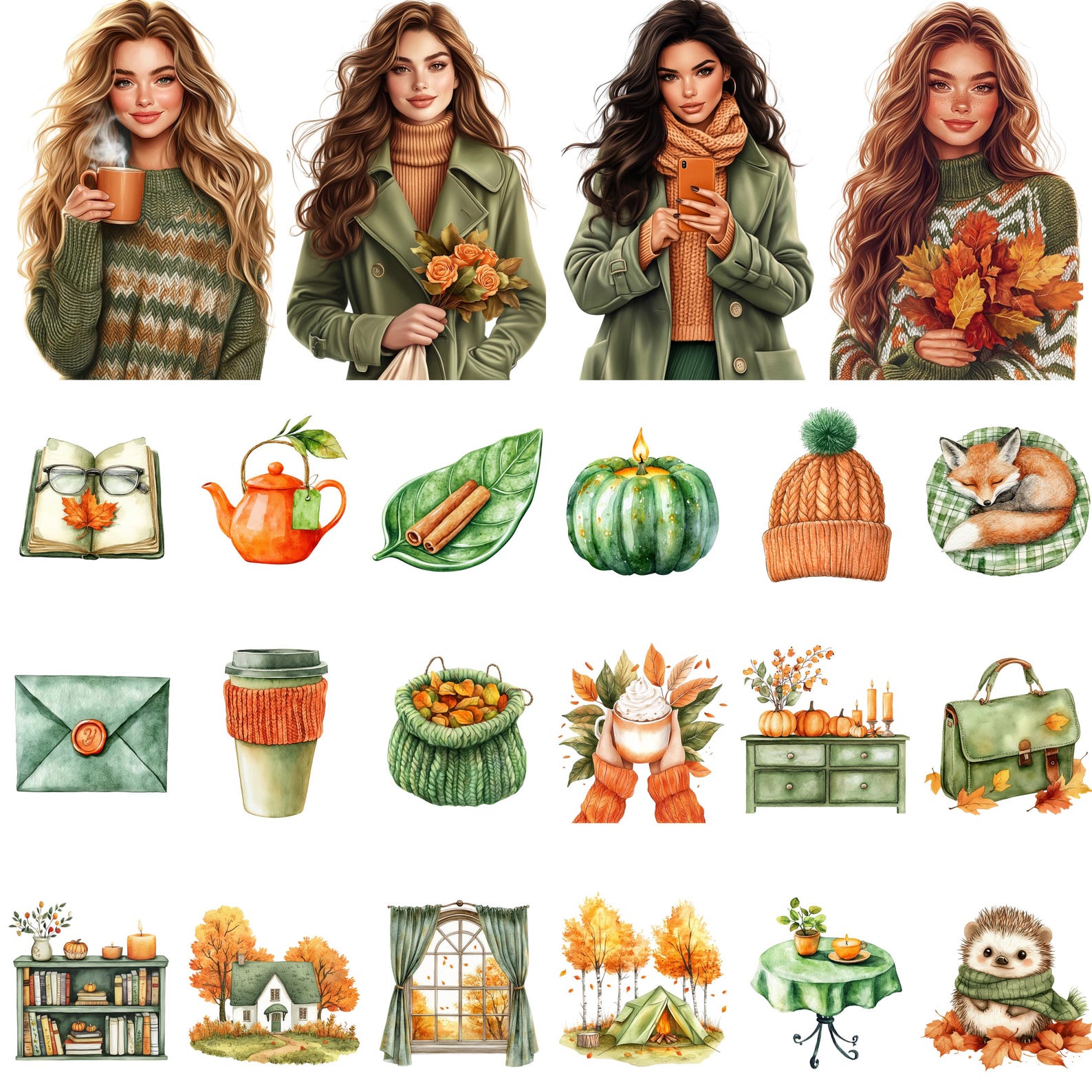 Watercolor Fall Clipart Bundle, Cozy Autumn PNG, Pumpkin & Fall Leaves ...