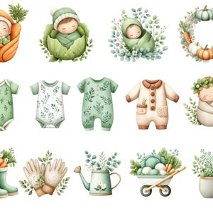 May include: Watercolor illustrations of babies wrapped in vegetables and greenery, alongside baby clothes and gardening tools. The images feature soft colors, including orange, green, and beige, with a focus on a whimsical, nature-inspired theme.