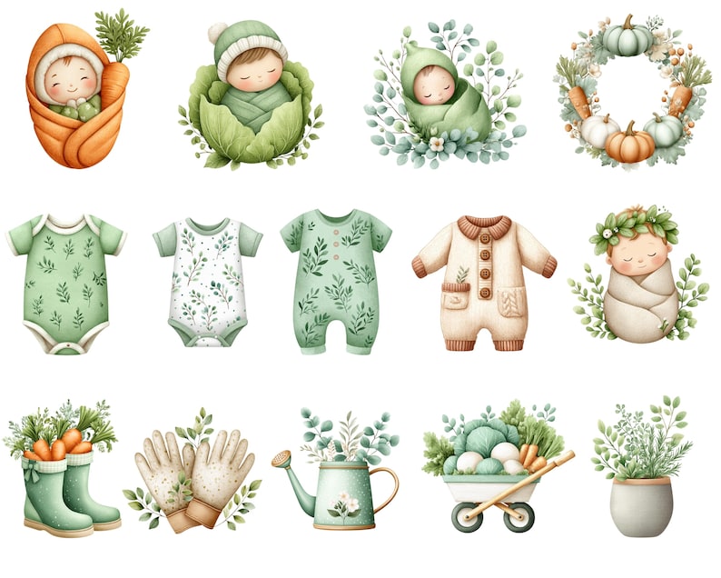 May include: Watercolor illustrations of babies wrapped in vegetables and greenery, alongside baby clothes and gardening tools. The images feature soft colors, including orange, green, and beige, with a focus on a whimsical, nature-inspired theme.