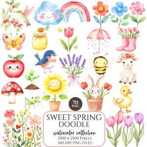 Watercolor Spring Clipart, Hello Spring PNG Set, Spring Planner Stickers, Baby Shower and Nursery Art, Cute Kid Illustrations