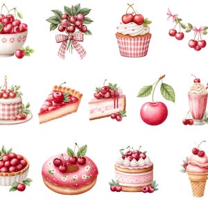 Puede incluir: Ilustraciones en acuarela de cerezas y postres con cerezas. La imagen incluye un cuenco de cerezas, un ramo, una magdalena, una guirnalda, un pastel, una porci&oacute;n de tarta, una porci&oacute;n de tarta de queso, una cereza, un batido, una tarta, un donut, un pastel en capas y un cono de helado.