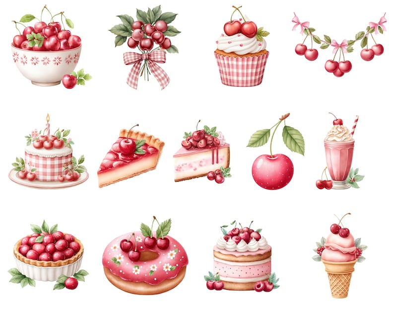 Puede incluir: Ilustraciones en acuarela de cerezas y postres con cerezas. La imagen incluye un cuenco de cerezas, un ramo, una magdalena, una guirnalda, un pastel, una porci&oacute;n de tarta, una porci&oacute;n de tarta de queso, una cereza, un batido, una tarta, un donut, un pastel en capas y un cono de helado.