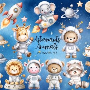Puede incluir: Ilustración en acuarela de animales astronautas, incluyendo una jirafa, un elefante, un oso, un león, una vaca, un mapache y un robot, con planetas, cohetes y estrellas sobre un fondo azul. Se muestra el texto "Astronauts Animals".