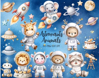 Cute Astronaut Clipart, Watercolor, Astronaut Animals, Space Clipart, Astronaut Png, Cute Animals, Rocket, Planets, Commercial Use