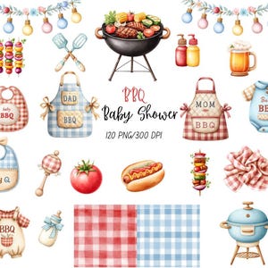May include: Watercolour illustrations of BBQ-themed baby shower items. Includes a grill, aprons, bibs, onesies, and food like hot dogs and skewers. The text "BBQ Baby Shower" is visible, along with "Dad BBQ" and "Mom BBQ" on aprons.