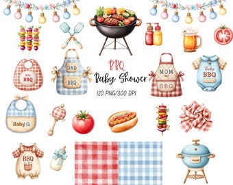 BBQ Baby Shower Clipart, Sweet Watercolor BBQ, Digital Invitations, Grill & Chill, Barbeque Clipart, Food, Summer Camping, Commercial use
