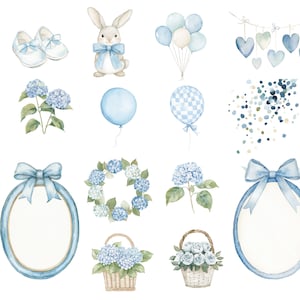 Op de afbeelding: Waterverfillustraties met babymotieven in blauwtinten. Bevat babyschoentjes, een konijn met een strik, ballonnen, een hartjesslinger, hortensia's, een krans, bloemenmanden en ovale lijsten met strikken.