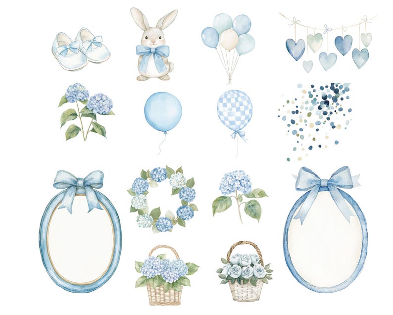 Op de afbeelding: Waterverfillustraties met babymotieven in blauwtinten. Bevat babyschoentjes, een konijn met een strik, ballonnen, een hartjesslinger, hortensia's, een krans, bloemenmanden en ovale lijsten met strikken.