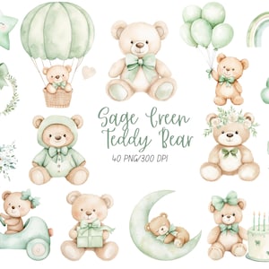 Peut inclure: Illustrations à l'aquarelle d'ours en peluche dans diverses poses, avec des accents vert sauge. L'image comprend un ours en peluche dans une montgolfière, tenant des ballons et avec un gâteau d'anniversaire. Le texte "Sage Green Teddy Bear" est également présent.