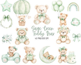 May include: Watercolor illustrations of teddy bears in various poses, with sage green accents. The image includes a teddy bear in a hot air balloon, holding balloons, and with a birthday cake. The text "Sage Green Teddy Bear" is also present.