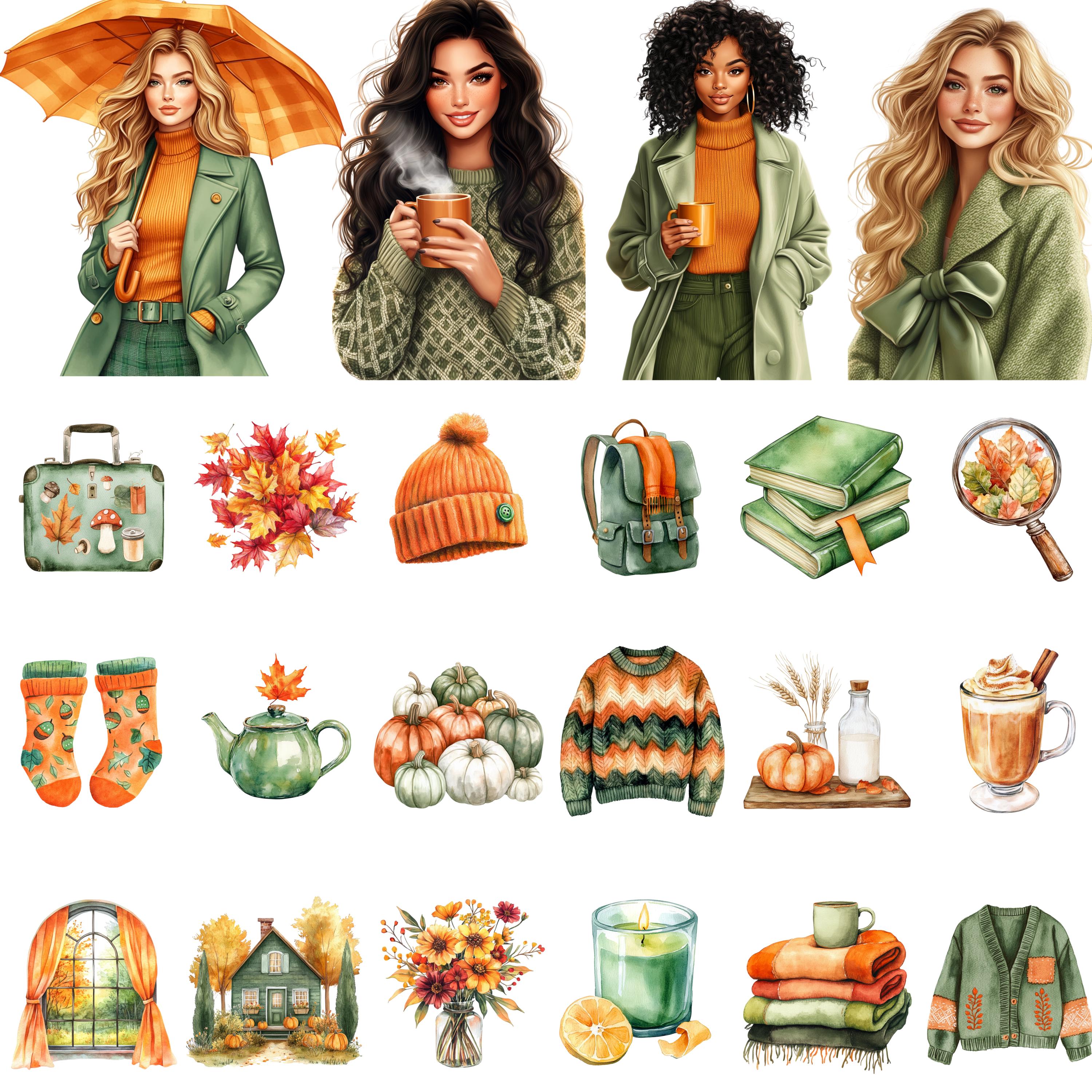 Watercolor Fall Clipart Bundle, Cozy Autumn PNG, Pumpkin & Fall Leaves ...