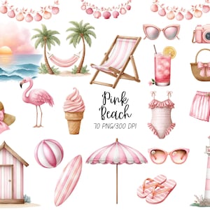 May include: A watercolour illustration featuring a pink beach theme. The image includes a beach chair, sunglasses, camera, flamingo, ice cream cone, swimsuit, shorts, beach ball, surfboard, umbrella, flip-flops, and a lighthouse.