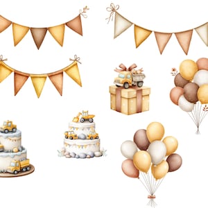 May include: Watercolor illustration of a construction-themed birthday party. Includes pennant banners, a gift box with a toy truck, balloons in shades of brown and yellow, and two-tiered cakes decorated with toy trucks.