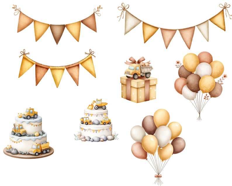 May include: Watercolor illustration of a construction-themed birthday party. Includes pennant banners, a gift box with a toy truck, balloons in shades of brown and yellow, and two-tiered cakes decorated with toy trucks.