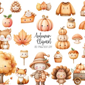 May include: A watercolour illustration of autumn-themed clip art. The image features various fall elements, including pumpkins, leaves, a squirrel, and a scarecrow, all with cute, smiling faces. The text "Autumn Clipart" is also included.