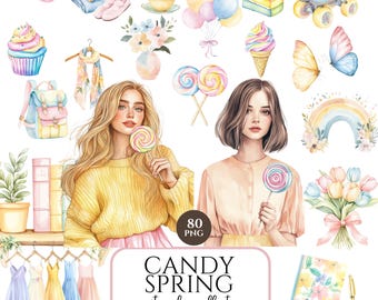 Clipart de primavera, primavera, acuarela pastel divertida, clipart de verano, clipart de dulces, caramelos, pegatinas digitales, uso comercial