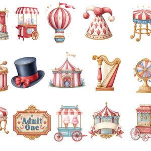 May include: A collection of whimsical circus-themed illustrations. Includes a stage, cotton candy cart, hot air balloon, jester hat, stool, drum, top hat, circus tent, harp, prize wheel, stool, "Admit One" sign, ice cream cart, banner, and popcorn cart.