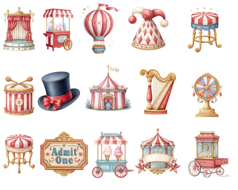 May include: A collection of whimsical circus-themed illustrations. Includes a stage, cotton candy cart, hot air balloon, jester hat, stool, drum, top hat, circus tent, harp, prize wheel, stool, "Admit One" sign, ice cream cart, banner, and popcorn cart.